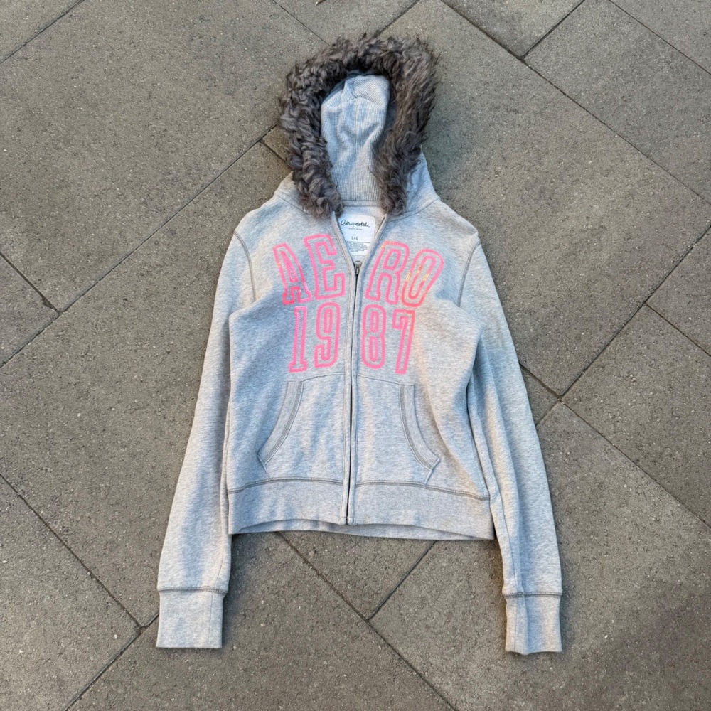 Aeropostale Gray Faux Fur Trim Full Zip Hoodie Pink Sequin Graphic Y2K Large